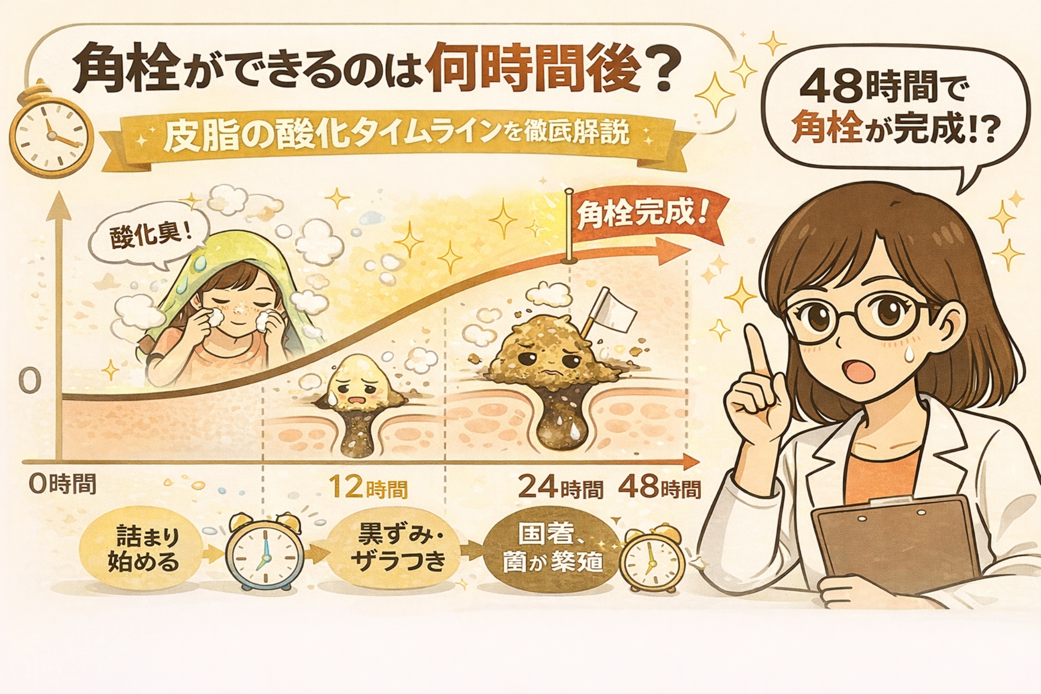 角栓ができるまでの時間を、皮脂の酸化タイムラインとして0時間・12時間・24時間・48時間で解説した図解イラスト。皮脂の酸化が進み、黒ずみや固着、菌の増殖を経て48時間で角栓が完成する流れを示している。