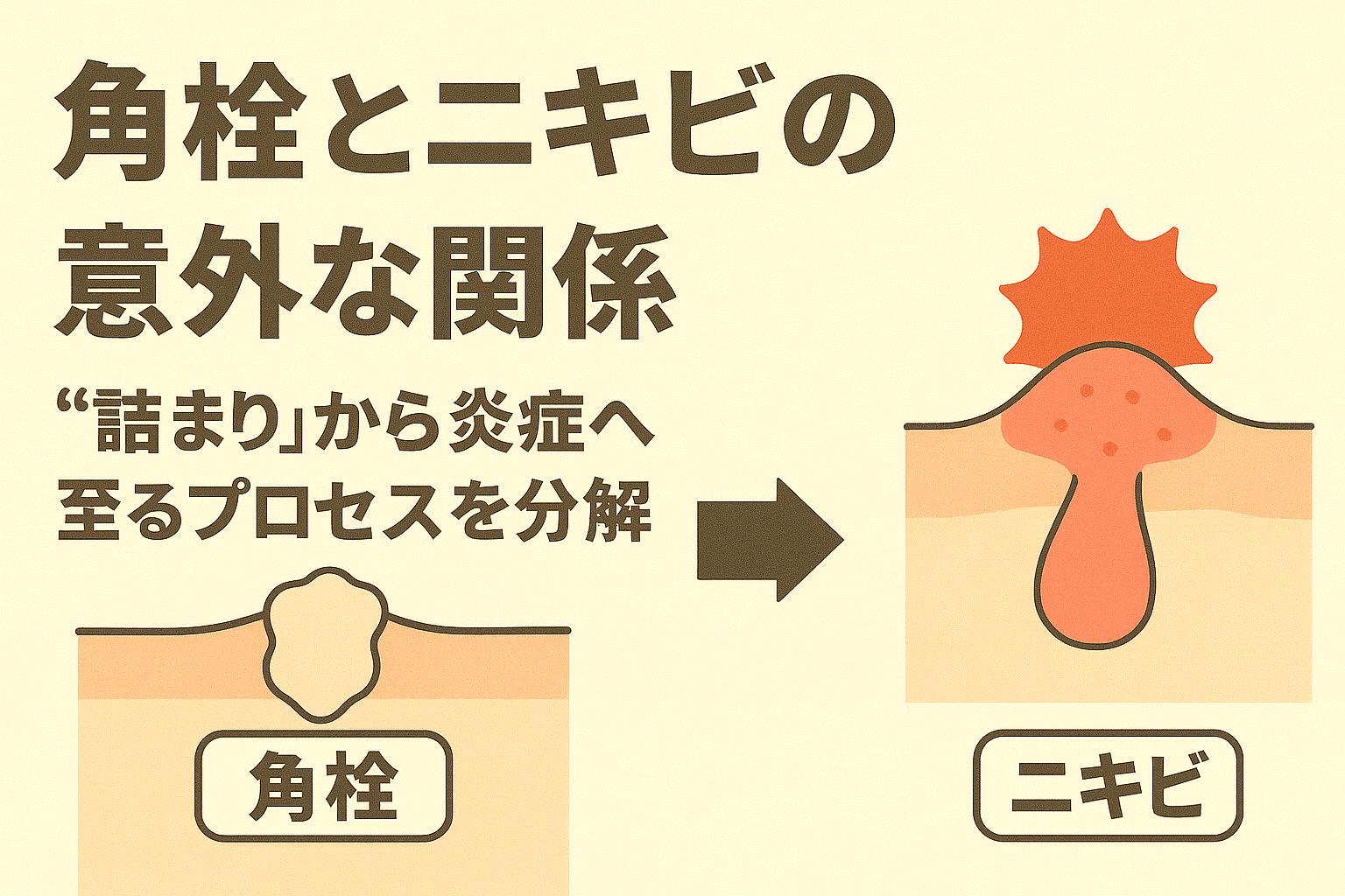 毛穴の詰まり（角栓）が炎症を伴うニキビに進行するプロセスを示した肌断面のイラスト。矢印で変化の流れを視覚化