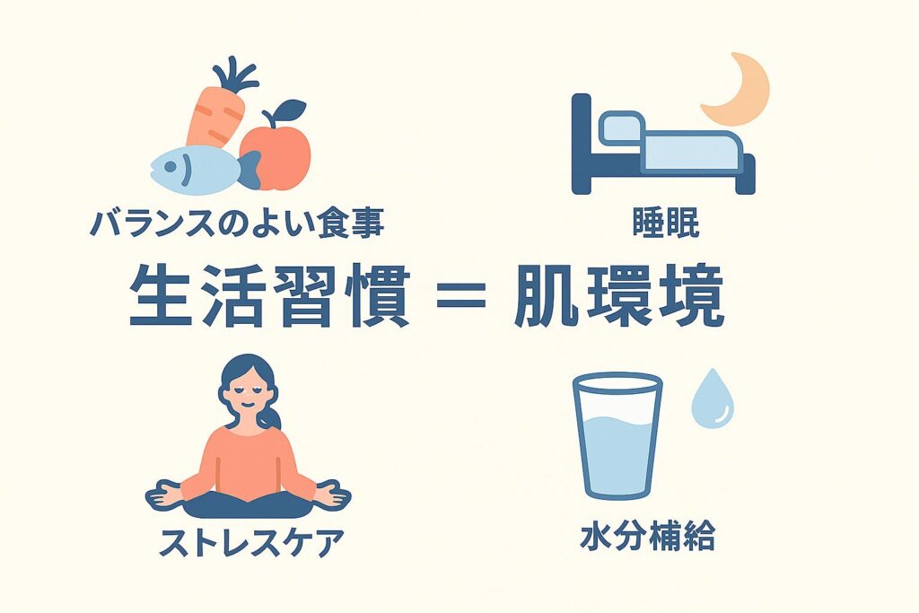 「生活習慣と肌環境の関係を示す図。中央に『生活習慣＝肌環境』と大きく書かれ、その周囲に4つのアイコンが配置されている。左上にバランスのよい食事（野菜・魚・果物）、右上に睡眠（ベッドと月）、左下にストレスケア（瞑想する人）、右下に水分補給（コップと水滴）が描かれている。」