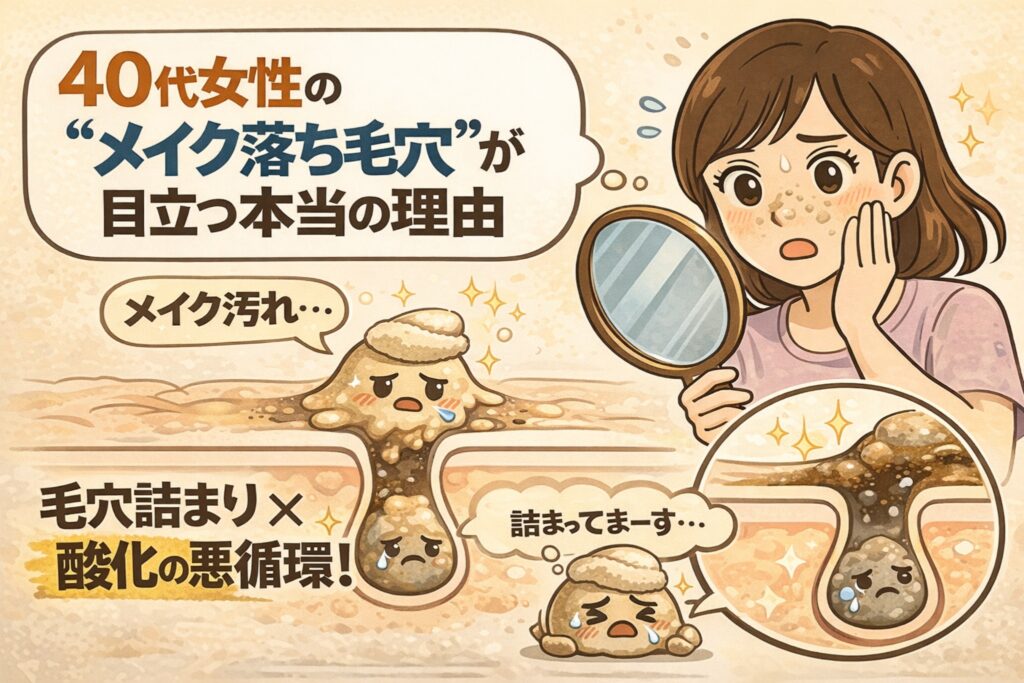40代女性が鏡を見ながらメイク落ちによる毛穴の目立ちに悩む様子と、毛穴詰まり・皮脂の酸化によって起こる悪循環を擬人化イラストで解説した図解画像