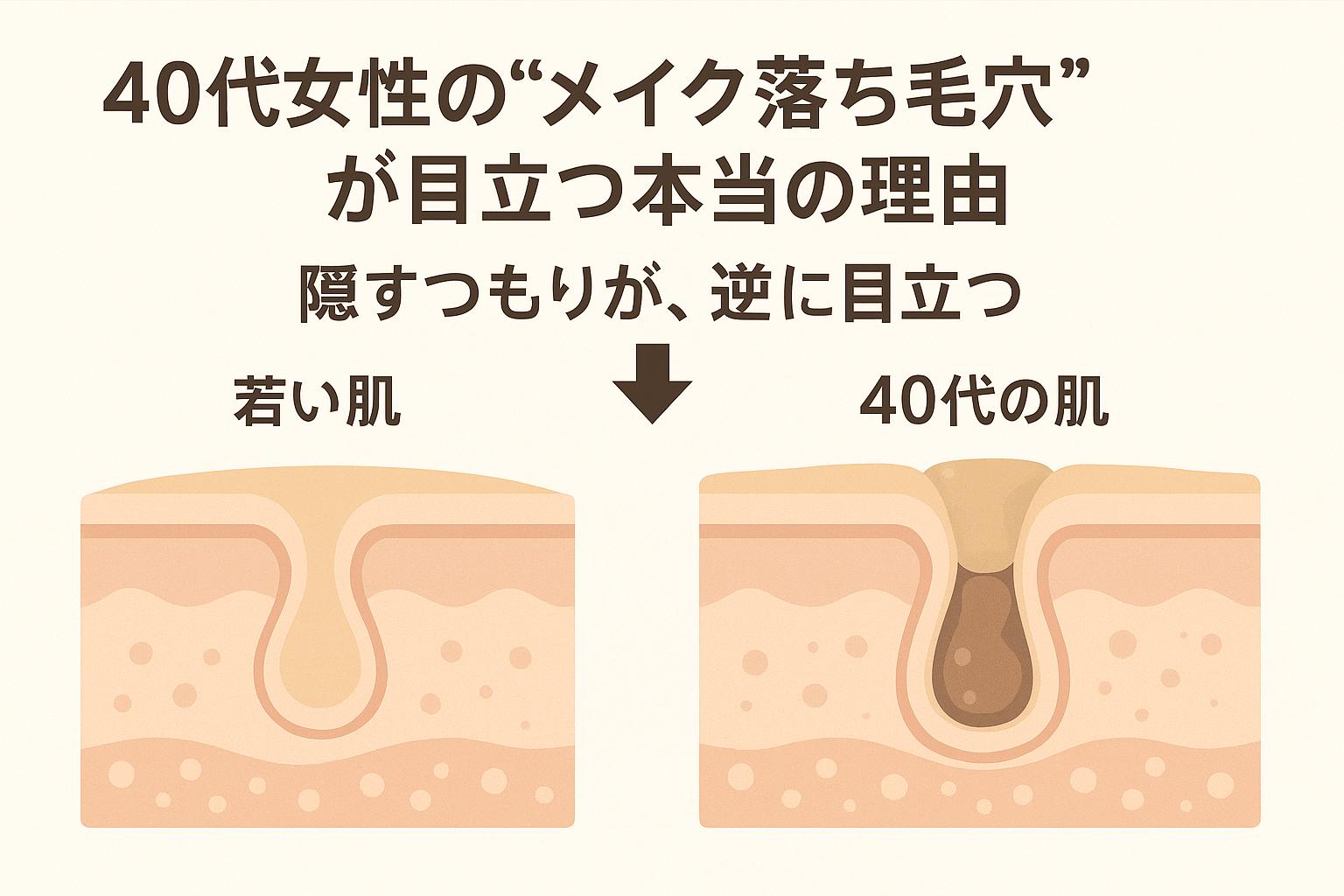 「40代女性の“メイク落ち毛穴”が目立つ本当の理由」という見出し付きのイラスト。左に若い肌の毛穴（丸く支えられている）、右に40代の肌の毛穴（縦に伸びて角栓が残り、メイクが落ち込みやすい構造）が並んで描かれている。キャッチコピー「隠すつもりが、逆に目立つ」が中央に表示されている。