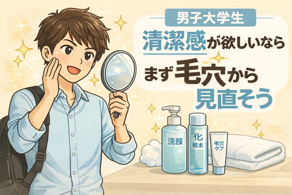 男子大学生が清潔感を高めるために毛穴ケアを見直す重要性を伝えるイラスト。鏡で肌をチェックする若い男性と、洗顔・化粧水・毛穴ケア用品が並び、第一印象を左右する清潔感は「毛穴」から整えることが大切であるとわかりやすく表現している男性向けスキンケア解説画像。