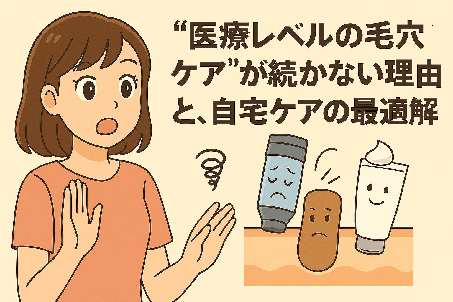 ゆうこが手を挙げた驚きの表情で、「医療レベルの毛穴ケアが続かない理由」に言及。右側には疲れた顔の美容ボトル、困惑した毛穴キャラ、やさしく微笑むクリームチューブが並び、構造と継続性を暗示する。自宅ケアの“最適解”に向けた対比構図のイラスト。