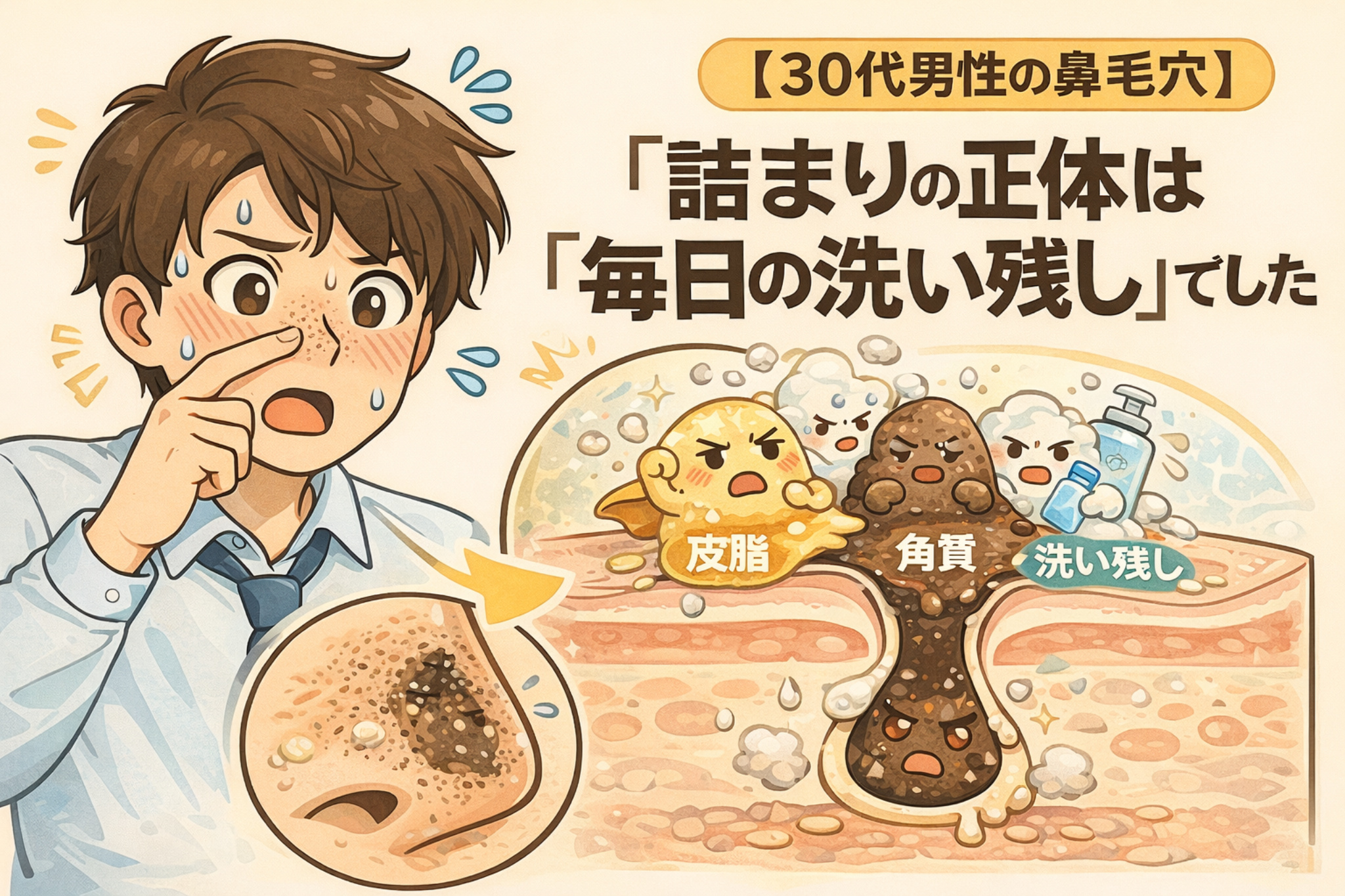 30代男性の鼻毛穴の詰まり原因を解説した図解イラスト。毎日の洗顔で残った洗い残しが、皮脂や角質と混ざって角栓を形成する様子を、悩む男性と毛穴断面の擬人化キャラクターで表現している。