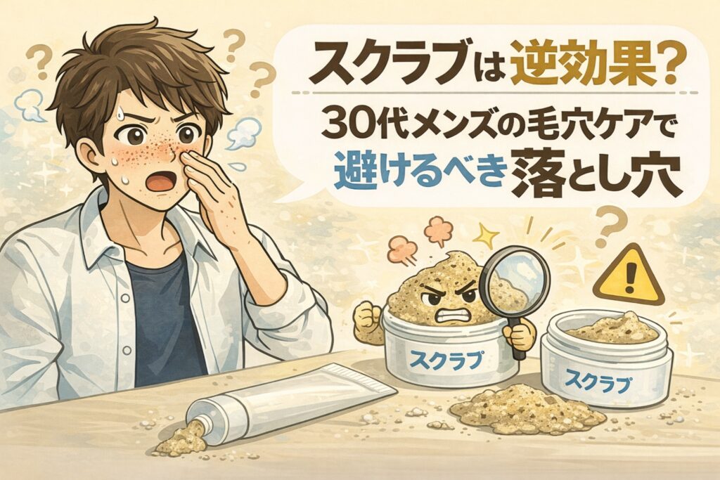 30代メンズの毛穴ケアにおけるスクラブ洗顔の落とし穴を解説するイラスト。鼻の赤みや刺激に驚く男性の前に、スクラブ剤を擬人化したキャラクターと容器が描かれ、強い摩擦や刺激が逆効果になり得ることを示している。拡大鏡や警告マークを用いて、毛穴汚れを「落とす」ケアが肌トラブルを招くリスクを視覚的に表現している。