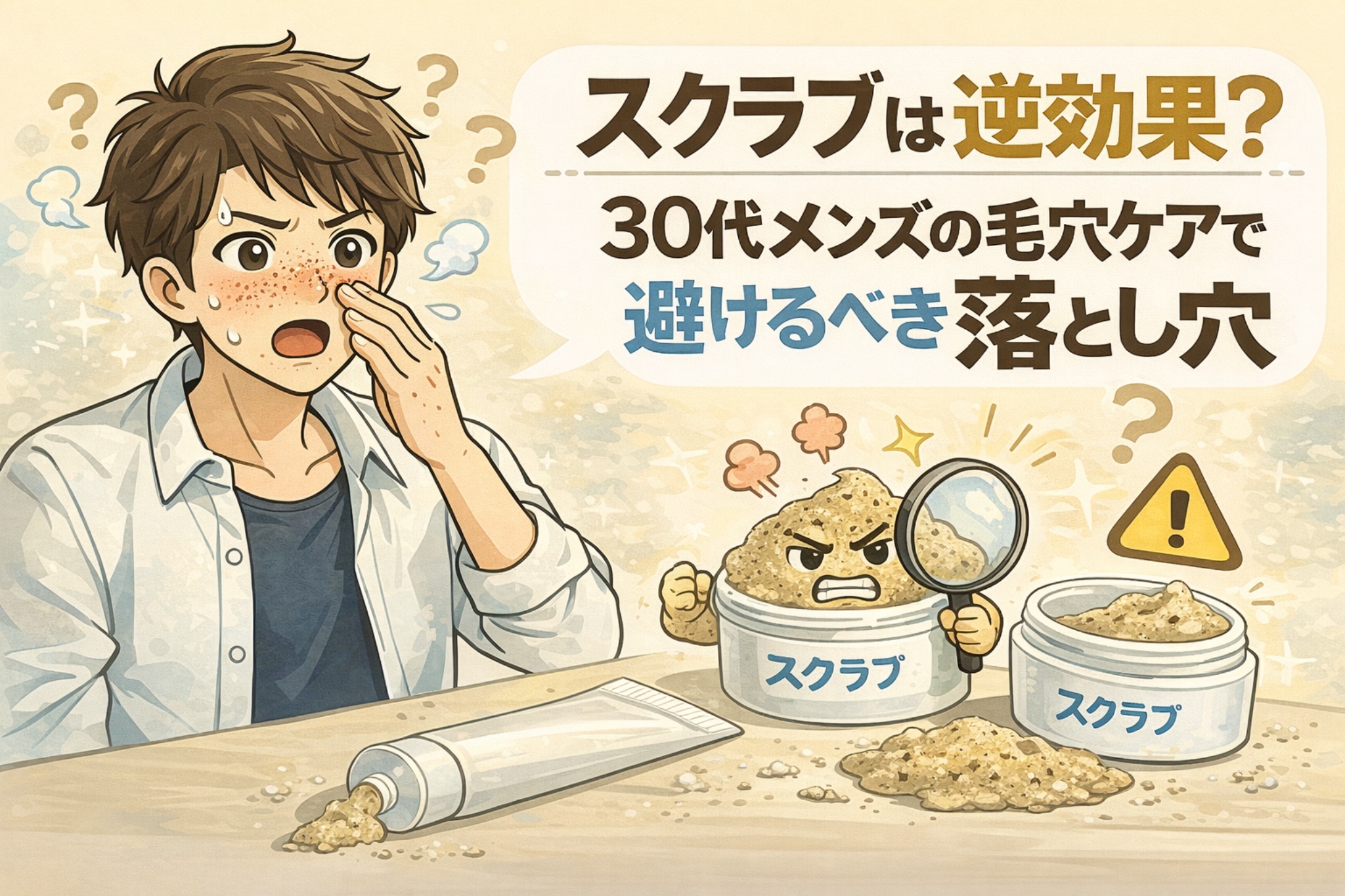 30代メンズの毛穴ケアにおけるスクラブ洗顔の落とし穴を解説するイラスト。鼻の赤みや刺激に驚く男性の前に、スクラブ剤を擬人化したキャラクターと容器が描かれ、強い摩擦や刺激が逆効果になり得ることを示している。拡大鏡や警告マークを用いて、毛穴汚れを「落とす」ケアが肌トラブルを招くリスクを視覚的に表現している。
