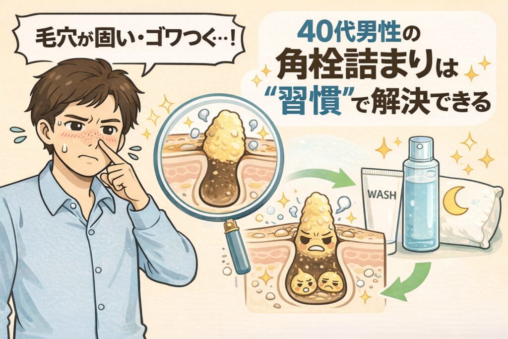 毛穴が固くゴワつくことに悩む40代男性向けの解説イラスト。角栓が詰まった毛穴を拡大図で示し、洗顔や夜のスキンケアを習慣化することで角栓詰まりを防げることを図解している。年齢による皮脂・角質変化と「習慣ケア」の重要性を伝える男性向け毛穴ケア解説画像。