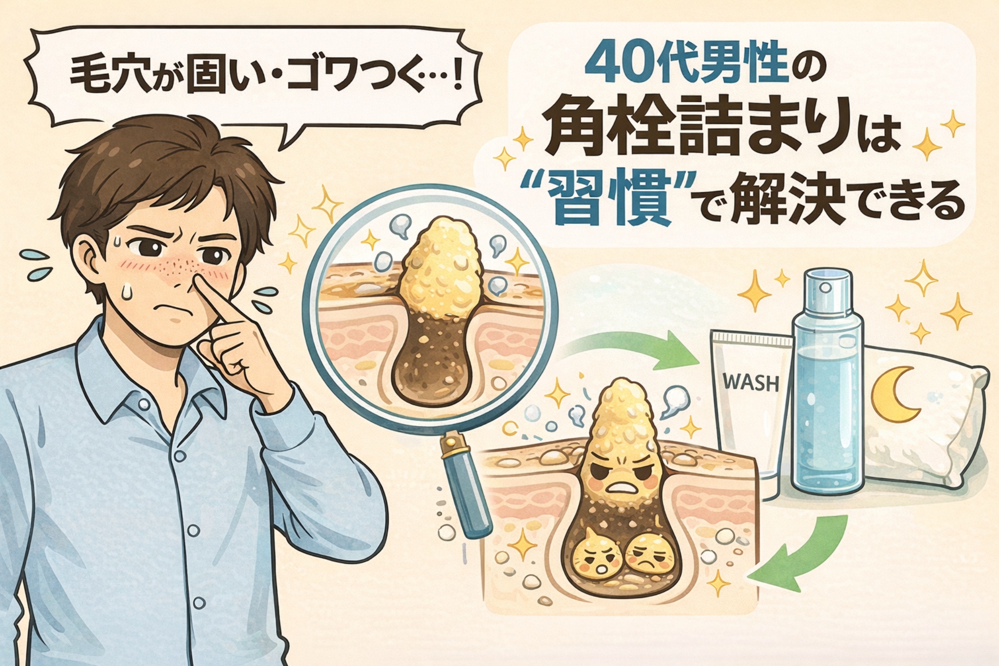 毛穴が固くゴワつくことに悩む40代男性向けの解説イラスト。角栓が詰まった毛穴を拡大図で示し、洗顔や夜のスキンケアを習慣化することで角栓詰まりを防げることを図解している。年齢による皮脂・角質変化と「習慣ケア」の重要性を伝える男性向け毛穴ケア解説画像。