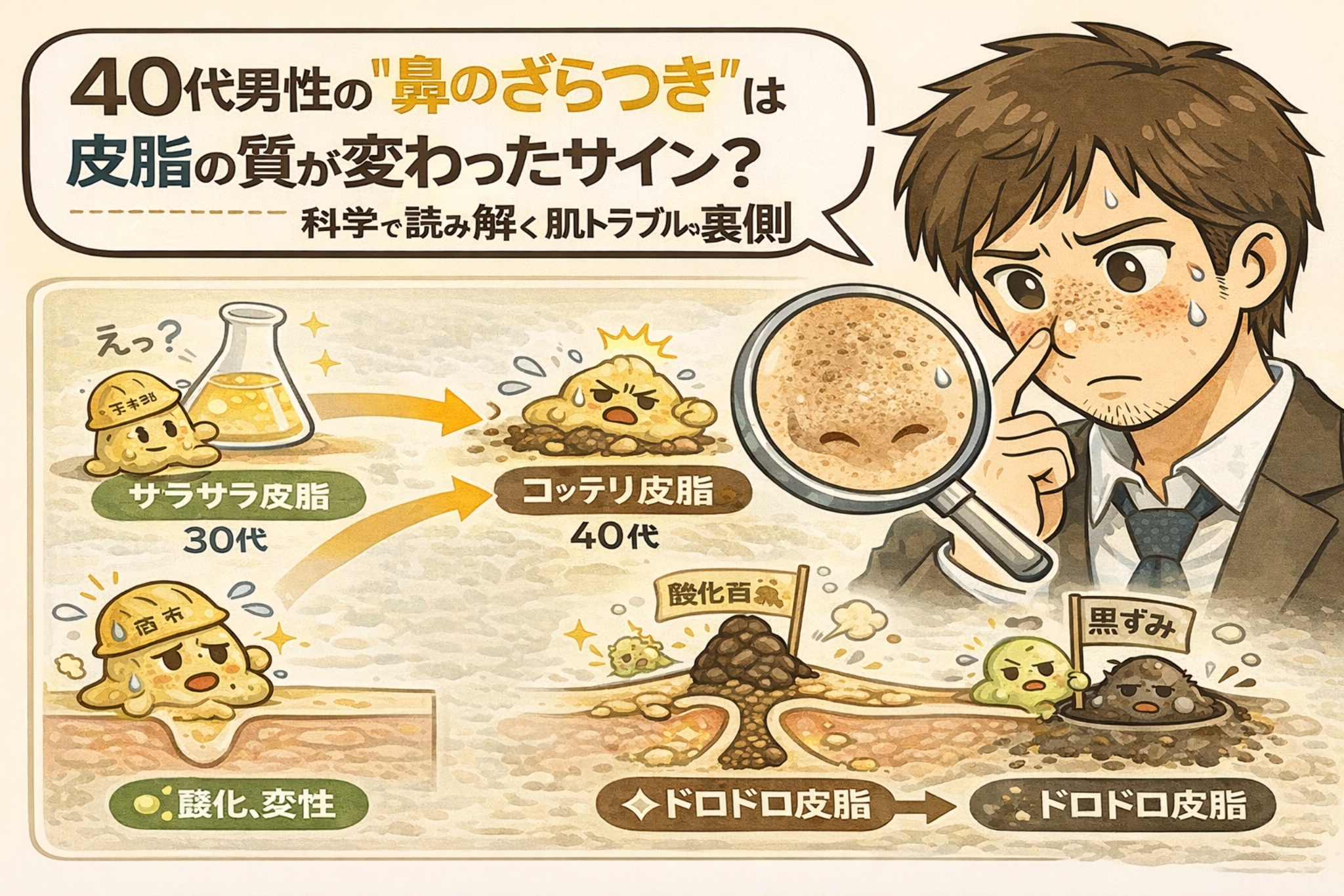 40代男性の鼻のざらつきを、皮脂の「量」ではなく「質の変化」から解説した構造図イラスト。30代のサラサラ皮脂から、40代で酸化・変性しやすいコッテリ皮脂へ変わる過程を、毛穴断面と黒ずみ形成の流れで視覚的に示している。