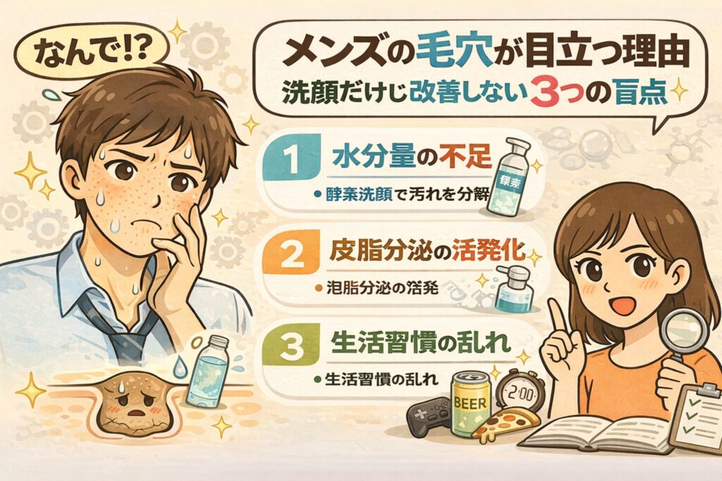 メンズの毛穴が目立ちやすい理由を3つの観点で解説したイラスト。水分量不足、皮脂分泌の活発化、生活習慣の乱れという要因を整理し、洗顔だけでは改善しにくい構造的背景をわかりやすく示している。