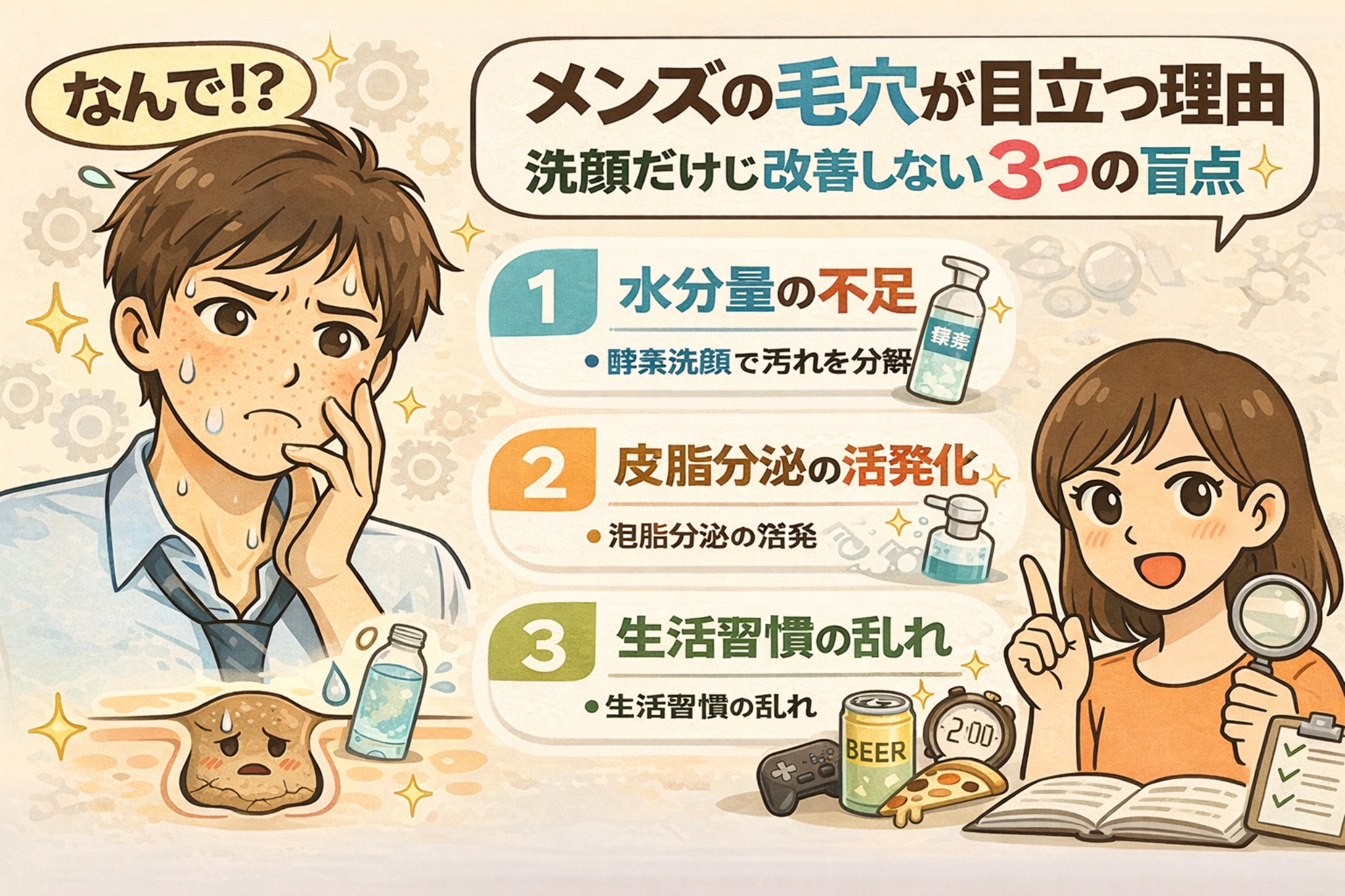 メンズの毛穴が目立ちやすい理由を3つの観点で解説したイラスト。水分量不足、皮脂分泌の活発化、生活習慣の乱れという要因を整理し、洗顔だけでは改善しにくい構造的背景をわかりやすく示している。