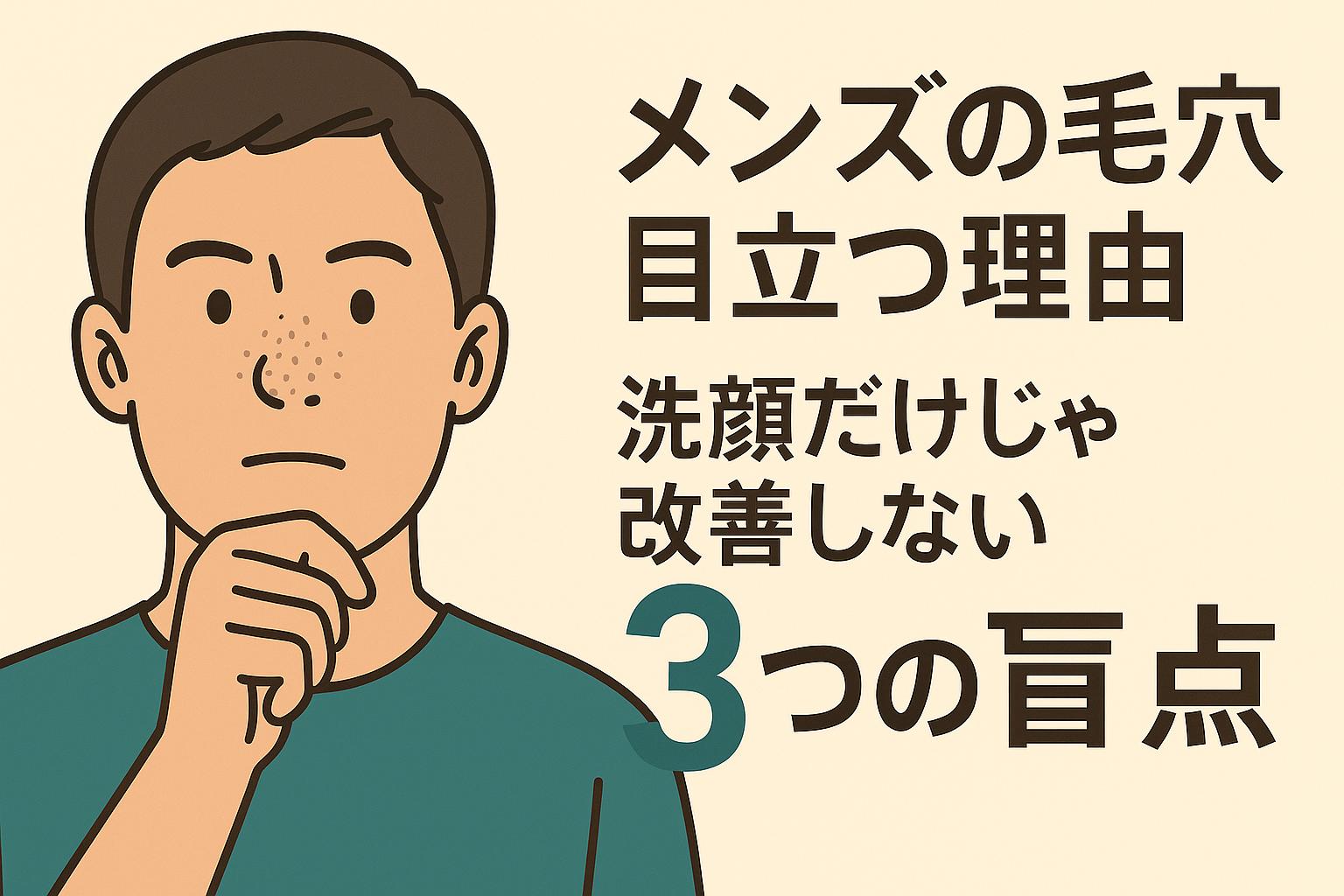 男性の目立つ毛穴と、スキンケアに悩む男性をイメージしたイラスト