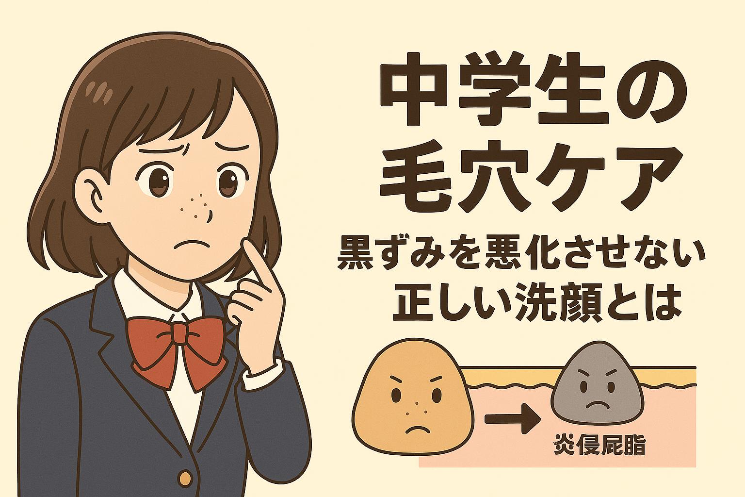 中学生の制服を着た女子生徒が、鼻の黒ずみを気にして顔を触れているイラスト。右側には「中学生の毛穴ケア｜黒ずみを悪化させない正しい洗顔とは」と大きな文字で表示され、毛穴の中で炎症皮脂に変化する様子を示す図解も添えられている。毛穴悩みの始まりを視覚的に伝える構成。