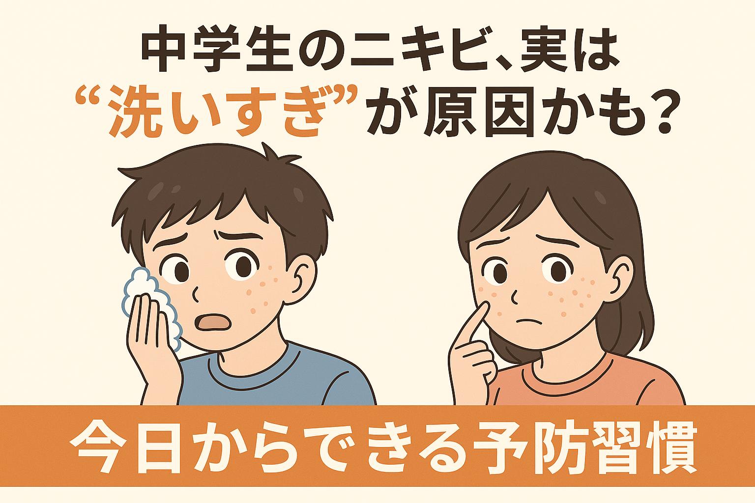 中学生の男女がニキビに悩む様子を描いたイラスト。男の子は洗顔中に不安そうな表情、女の子は頬のニキビを指で触って気にしている。上部には「中学生のニキビ、実は“洗いすぎ”が原因かも？」、下部には「今日からできる予防習慣」という文字が入っている。