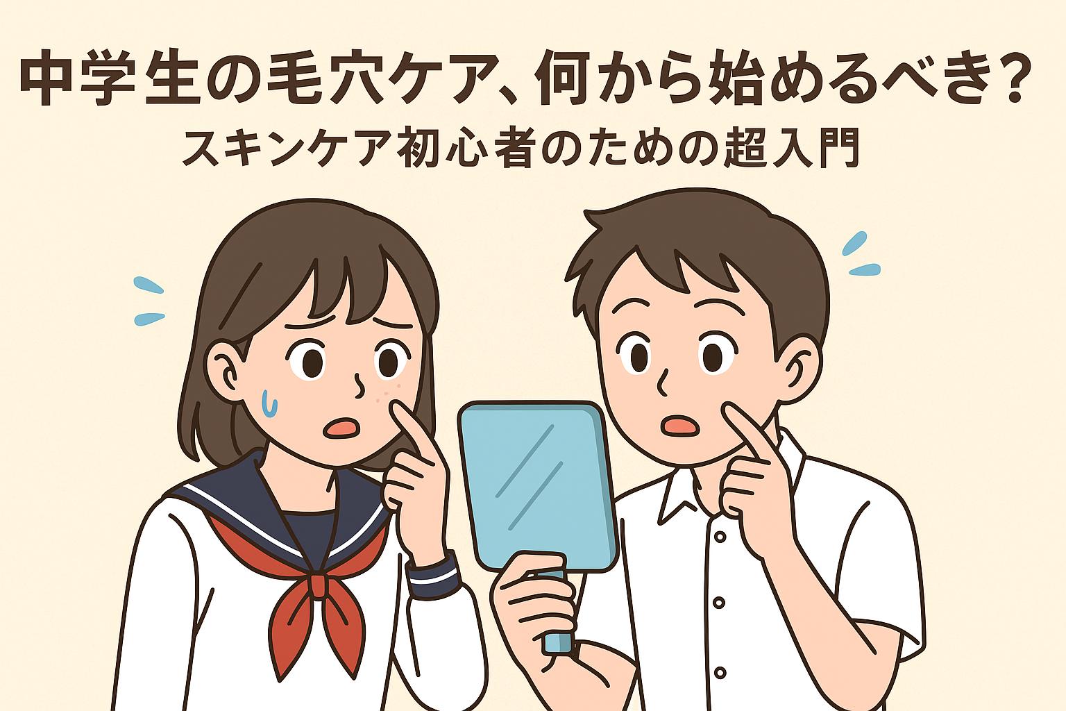 「中学生の毛穴ケア、何から始めるべき？」というタイトルとともに、セーラー服の女子生徒と白いシャツの男子生徒が手鏡を見ながら鼻や顔を気にしている様子を描いたイラスト。スキンケア初心者向けの入門記事のイメージを表現。