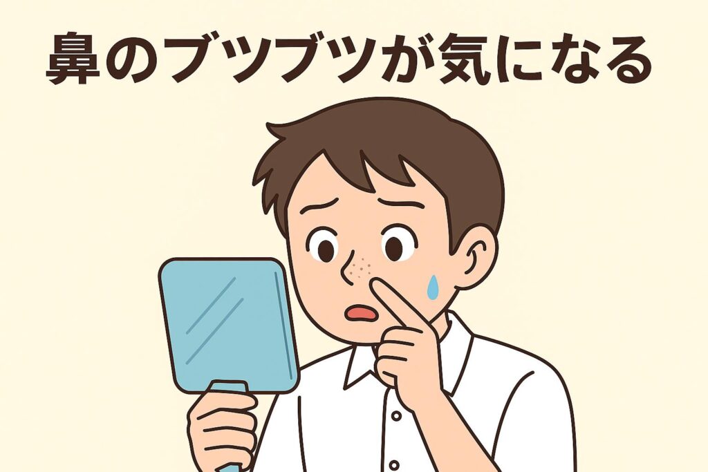 「鼻のブツブツが気になる」という文字とともに、中学生の男の子が手鏡を持ち、鼻を指で押さえながら心配そうに見つめているイラスト。毛穴の悩みを気にするシーンを表現。