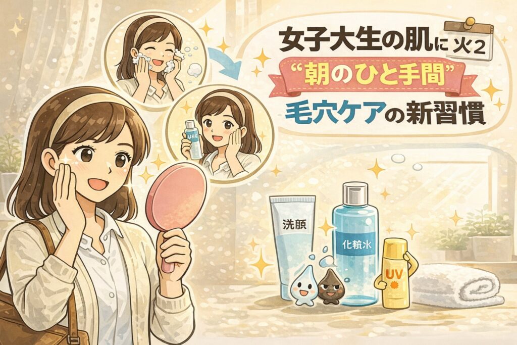 女子大学生向けに、朝のひと手間で毛穴ケアを習慣化する方法を紹介したイラスト。洗顔・化粧水・UVケアを取り入れながら鏡で肌を確認する様子を描き、忙しい朝でも続けやすい毛穴ケアの新習慣をやさしく表現している。