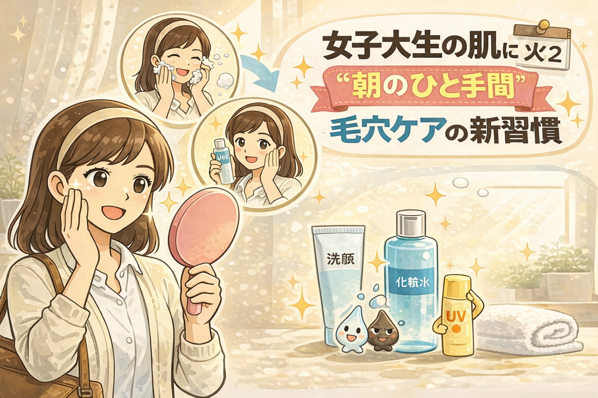 女子大学生向けに、朝のひと手間で毛穴ケアを習慣化する方法を紹介したイラスト。洗顔・化粧水・UVケアを取り入れながら鏡で肌を確認する様子を描き、忙しい朝でも続けやすい毛穴ケアの新習慣をやさしく表現している。