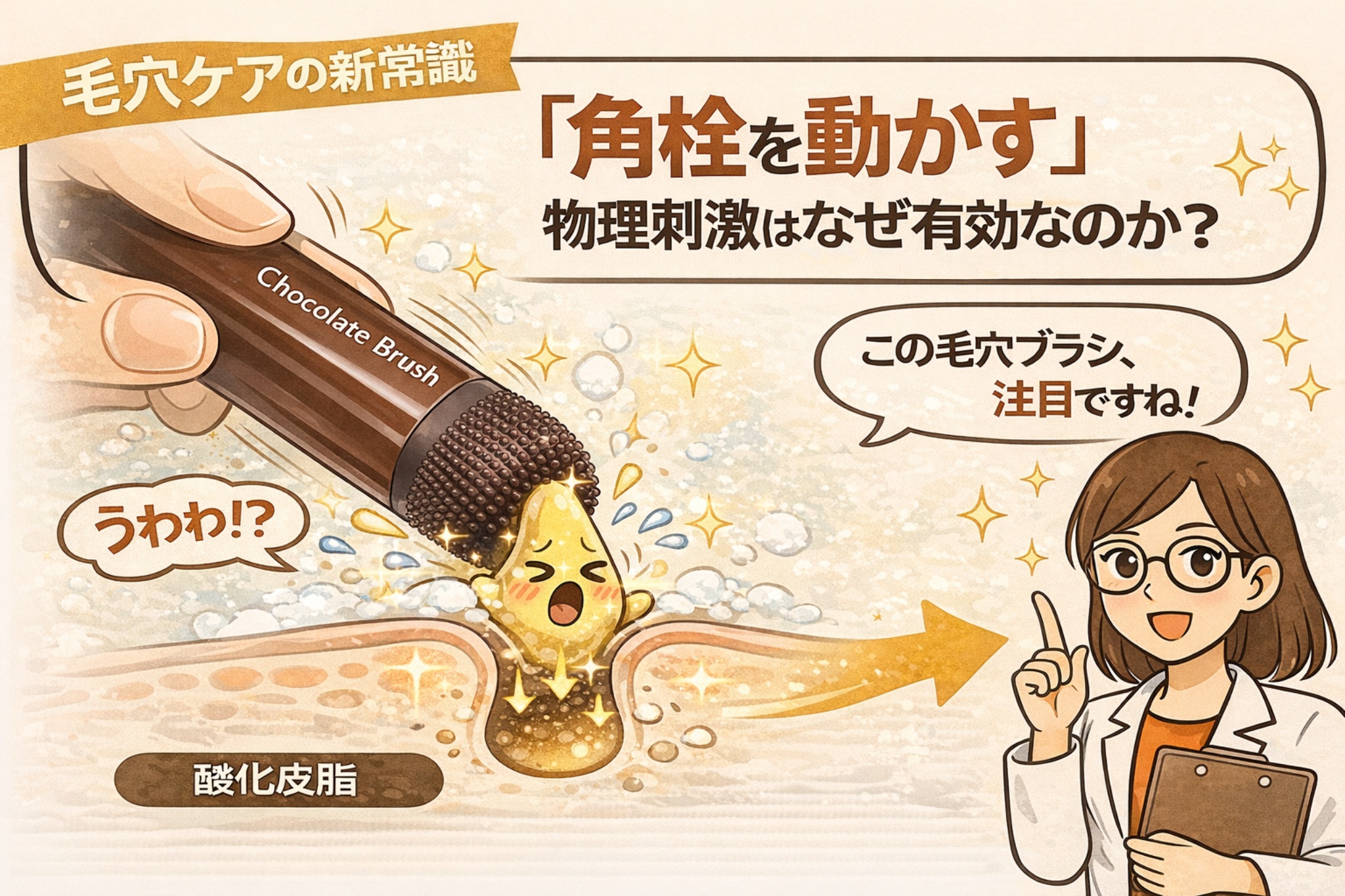 毛穴ブラシによる物理刺激で、酸化皮脂と角質が固まった角栓が動かされている様子を示した図解イラスト。白衣を着た女性が「角栓を動かす」ケアの有効性を解説し、毛穴ケアの新常識として物理刺激の役割を伝えている。