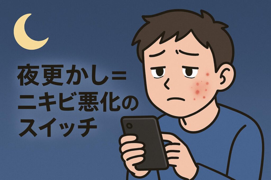 夜のベッドでスマホを見つめる若者のイラスト。頬に赤ニキビが浮かんでおり、不安げな表情をしている。画面左側には「夜更かし=ニキビ悪化のスイッチ」という日本語テキストが表示されている。