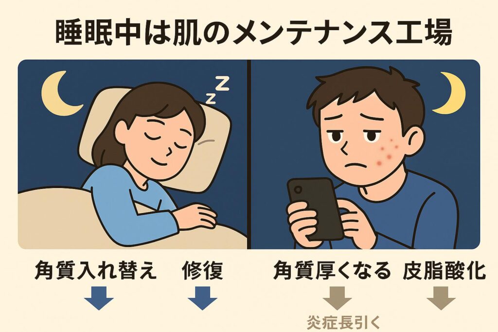 左側にはぐっすり眠る女性が描かれ、「角質入れ替え」「修復」といった文字が表示されている。右側には夜更かししてスマホを見る男性が描かれ、肌に赤ニキビがあり、「角質厚くなる」「皮脂酸化」「炎症長引く」と書かれている。上部には「睡眠中は肌のメンテナンス工場」と大きく記されている図解イラスト。