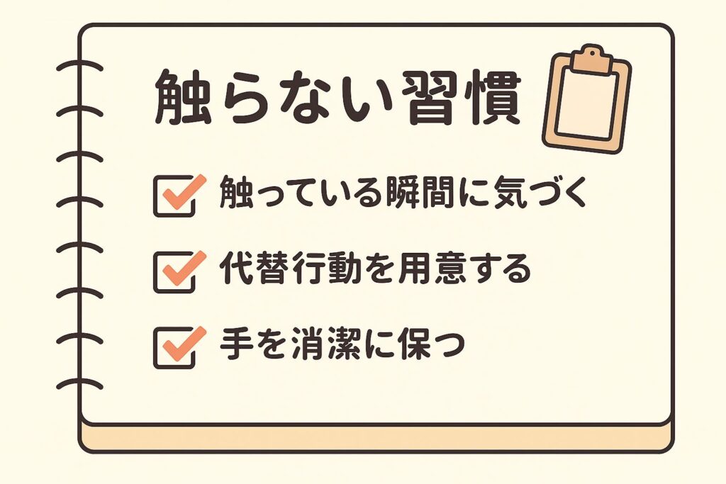 「ノート風デザインの横長イラスト。タイトルに『触らない習慣チェックリスト』とあり、チェック項目として『触っている瞬間に気づく』『代替行動を用意する』『手を清潔に保つ』が並び、すべてにチェックマークが付いている。」