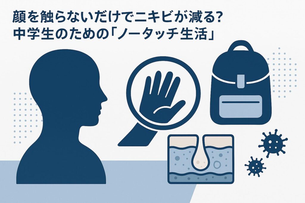 「顔を触らないだけでニキビが減る?中学生のための『ノータッチ生活』」をテーマにした科学的イラスト。淡いブルーとベージュの配色で、顔のシルエットと手のストップサイン、皮膚断面図、リュック、細菌アイコンが描かれ、思春期の清潔習慣を啓発する構図。