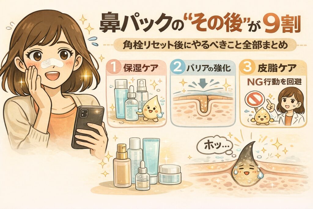 鼻パック後のケアが重要であることを、「その後が9割」というメッセージとともに解説したイラスト図解。角栓リセット後に行うべき保湿ケア、バリア機能の強化、皮脂ケア（NG行動の回避）を3ステップで示し、鼻パック後の正しいアフターケアの考え方を視覚的に伝えている。