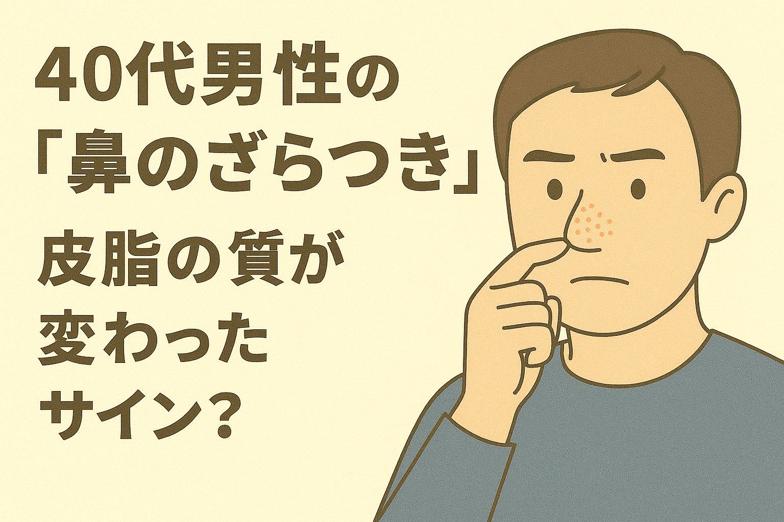 「鼻を指で触りながらざらつきに悩む40代男性が描かれたイラスト。皮脂の質の変化を問うテキストとともに構成