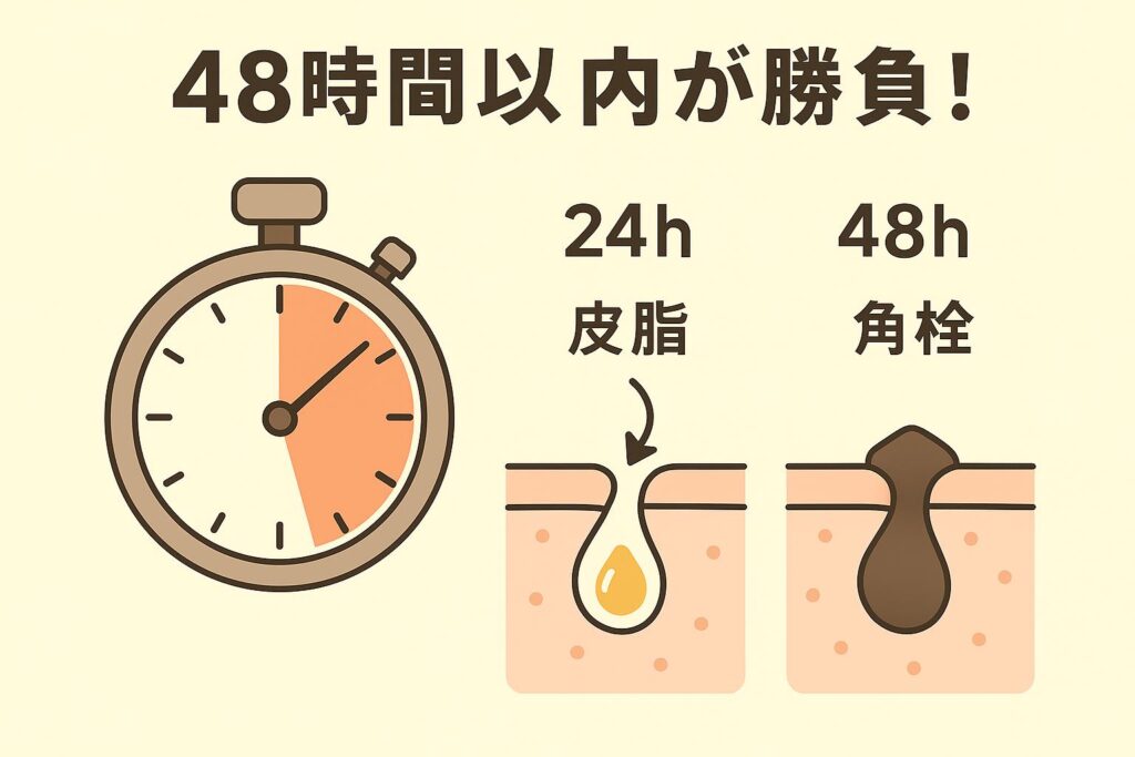 「48時間以内が勝負！」と書かれた教育用イラスト。左にストップウォッチ、中央に24時間後の毛穴断面図（皮脂が溜まり始めている）、右に48時間後の毛穴断面図（酸化して角栓化した状態）が描かれている。
