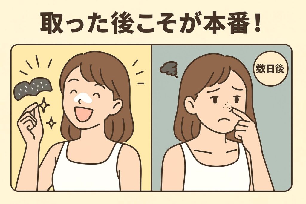 鼻パックで角栓を取って喜ぶ女性（左）と、数日後に黒ずみが戻り落ち込む女性（右）を対比したイラスト。上部には「取った後こそが本番！」と大きく書かれている。