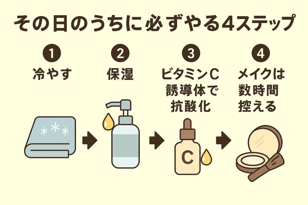 「その日のうちに必ずやる4ステップ」と書かれた横長のフローチャート風イラスト。

冷やす（タオルのアイコン）

保湿（ポンプ式ボトルのアイコン）

ビタミンC誘導体で抗酸化（スポイト付き美容液のアイコン）

メイクは数時間控える（パウダーとブラシのアイコン）