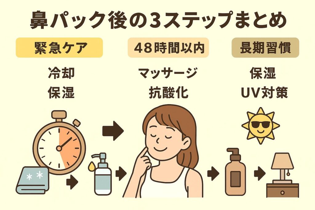「鼻パック後の3ステップまとめ」と書かれた教育用イラスト。

緊急ケア：冷却・保湿

48時間以内：マッサージ・抗酸化

長期習慣：保湿・UV対策・生活改善

それぞれのステップに関連するアイコン（タオル、化粧水、美容液、日焼け止め、食事・生活の象徴）が描かれている。