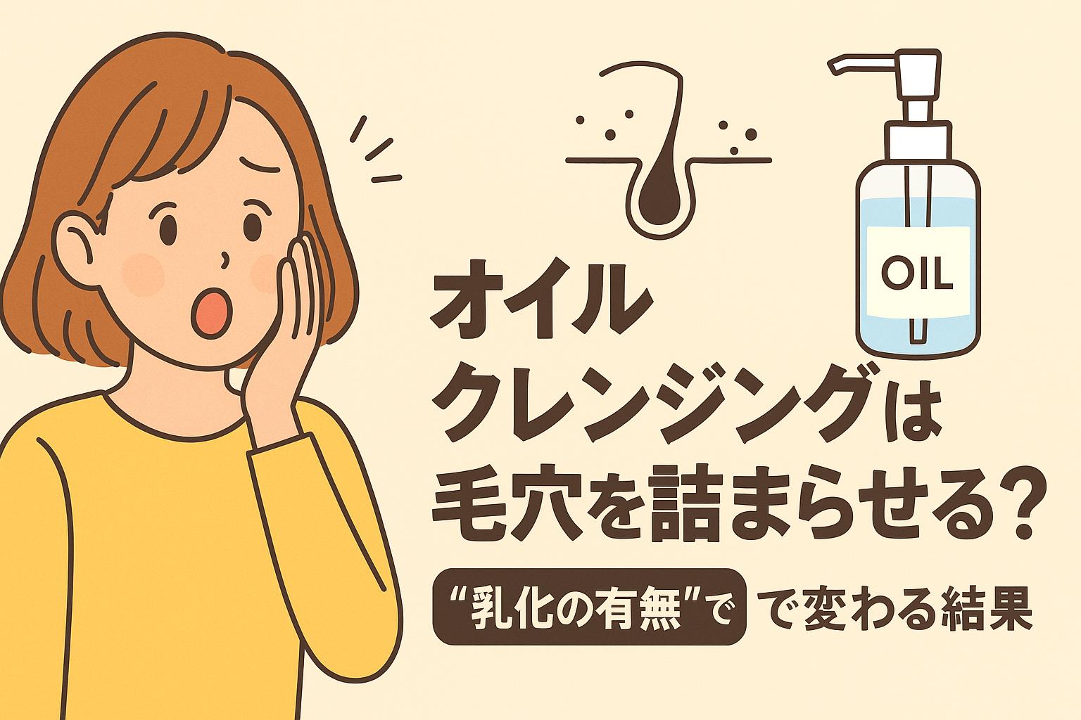オイルクレンジングで毛穴が詰まるのか疑問に思う女性のイラスト。背景には「乳化の有無で変わる結果」という日本語テキストと、クレンジングオイルのボトルや毛穴詰まりの図解があり、クレンジングによる毛穴への影響を視覚的に説明している。
