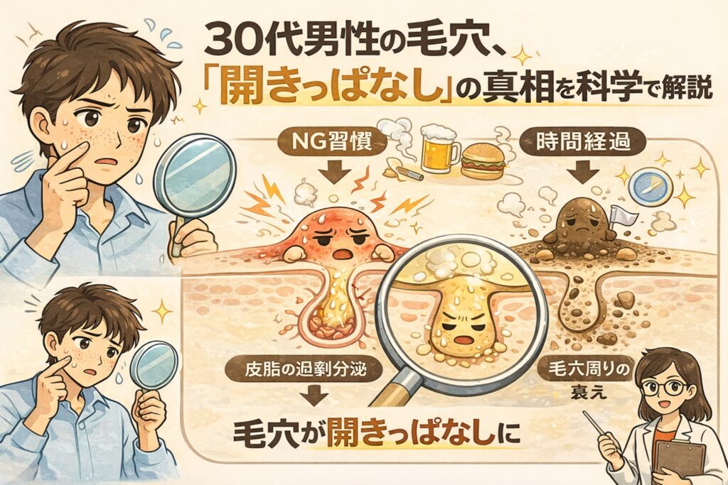 30代男性の毛穴が「開きっぱなし」に見える理由を科学的に解説する図解イラスト。鏡で毛穴を確認する男性と、毛穴断面図では皮脂の過剰分泌やNG習慣、時間経過による角栓の定着、毛穴周囲の衰えが描かれている。拡大図で皮脂が溜まり続ける構造を示し、白衣の女性が原因と対策を解説することで、毛穴が開いたままに見える仕組みをわかりやすく伝えるビジュアル。