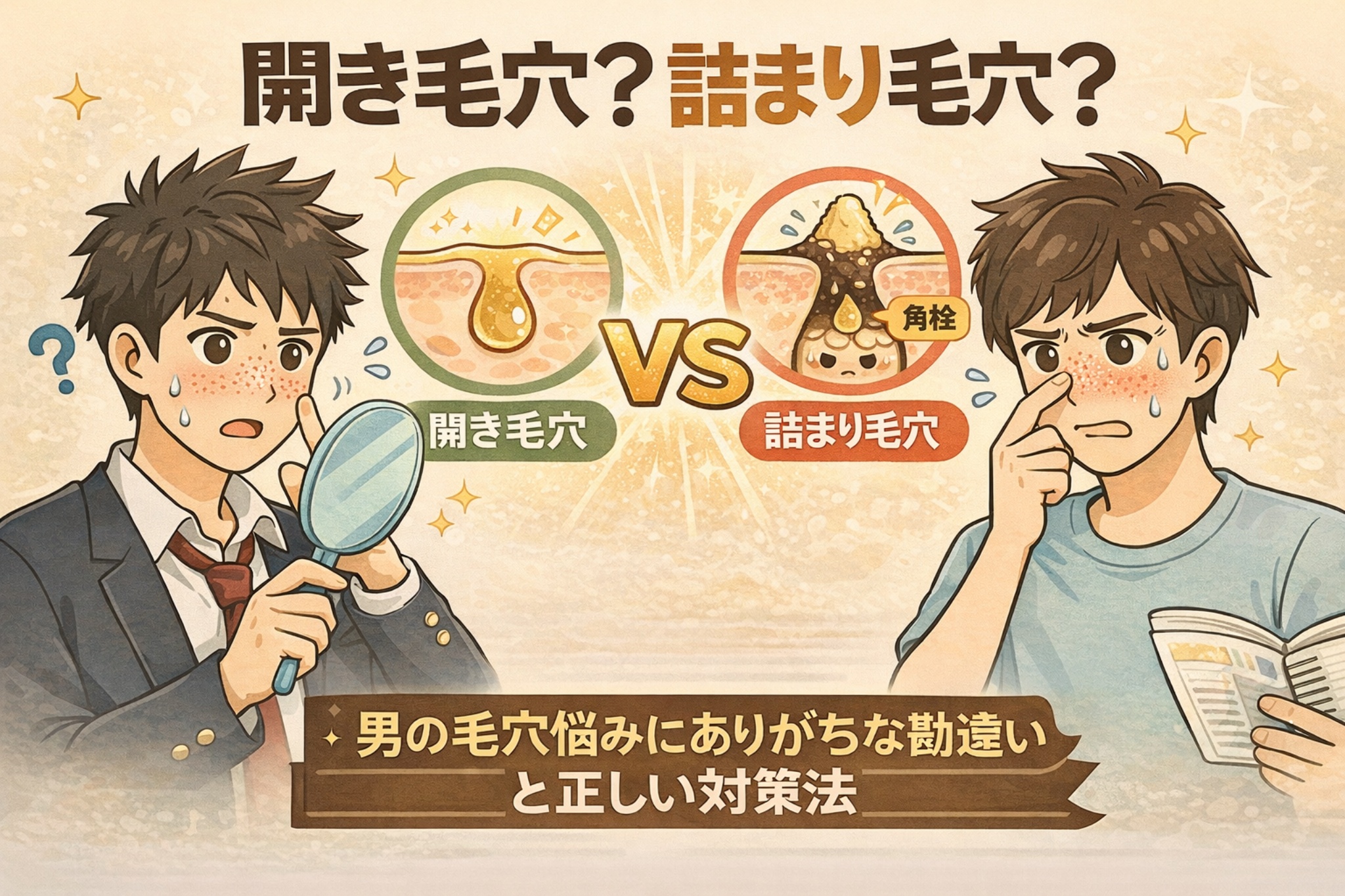 開き毛穴と詰まり毛穴の違いを男性向けに比較解説したイラスト。鏡で毛穴を確認する男性と、角栓が詰まって黒ずみが目立つ毛穴を対比し、「開いているように見える毛穴」と「実際に詰まっている毛穴」の勘違いを毛穴断面図で分かりやすく示している。