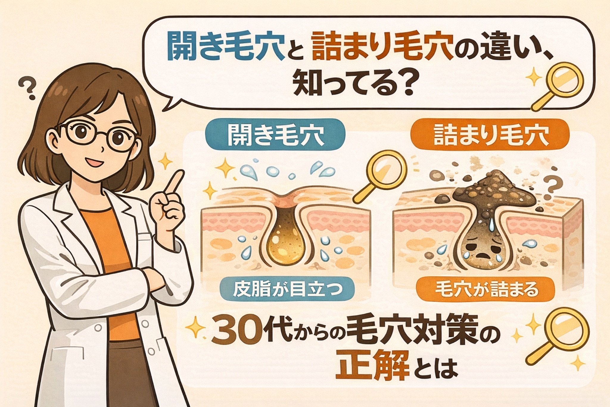 白衣を着た女性研究者キャラクターが指を立てて解説し、「開き毛穴」と「詰まり毛穴」の違いを毛穴断面図で比較している図解イラスト。左は皮脂が目立つ開き毛穴、右は角栓が詰まった毛穴を示し、30代からの毛穴対策の正しい考え方を説明している