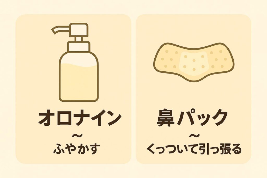 「ベージュ背景の図解。左にオロナインのボトルと『ふやかす』という説明。右に鼻パックのイラストと『くっついて引っ張る』という説明が並び、オロナインと鼻パックの役割分担を示している。」