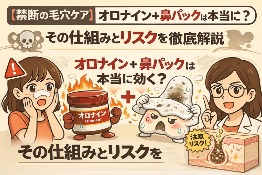 オロナインと鼻パックを併用する毛穴ケアの仕組みとリスクを解説した図解イラスト。炎症や刺激の可能性を警告しつつ、角栓が取れる理由と肌への負担を、擬人化されたオロナイン容器・鼻パック、毛穴断面図、注意喚起アイコンでわかりやすく示している。