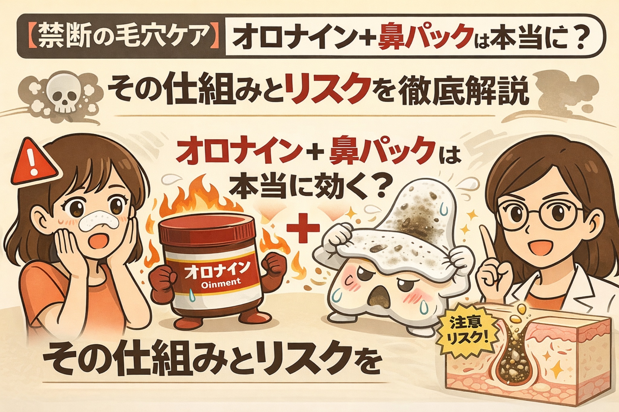 オロナインと鼻パックを併用する毛穴ケアの仕組みとリスクを解説した図解イラスト。炎症や刺激の可能性を警告しつつ、角栓が取れる理由と肌への負担を、擬人化されたオロナイン容器・鼻パック、毛穴断面図、注意喚起アイコンでわかりやすく示している。