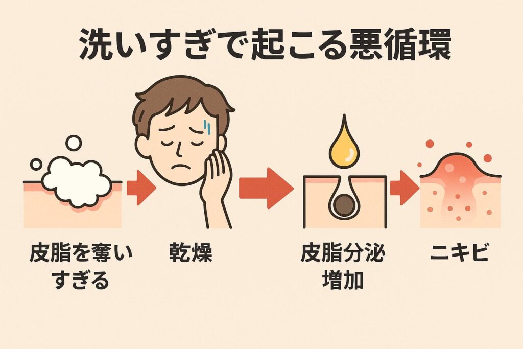 「洗いすぎで起こる悪循環」と題された日本語の図解。
左から順に「皮脂を奪いすぎる」→「乾燥」→「皮脂分泌増加」→「ニキビ」と赤い矢印でつながれており、洗顔のしすぎが悪循環を招く流れを示している。中央には顔を押さえて悩む男性のイラストも描かれている。