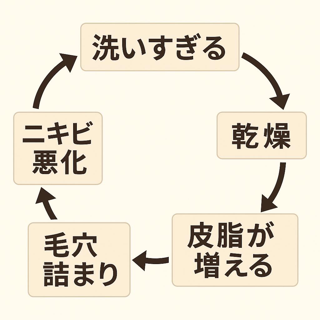 洗顔の「やりすぎ」が引き起こす悪循環を示すフローチャート。
「洗いすぎる」→「乾燥」→「皮脂が増える」→「毛穴詰まり」→「ニキビ悪化」と矢印でつながれている。