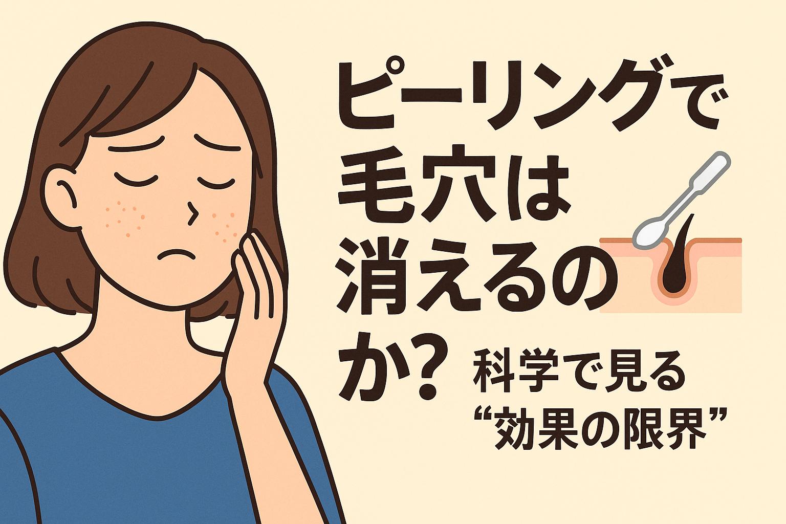 ピーリングで毛穴が消えるのか疑問に感じる女性のイラスト。左側に頬を気にする表情の女性、右側に「科学で見る“効果の限界”」というテキストとピーリングを表す綿棒と毛穴の図解が配置され、角質ケアによる限界を訴求する構成。