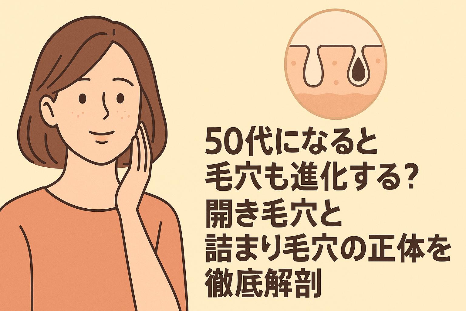 50代で進化する毛穴の変化を考える30代女性のイラスト。開き毛穴と詰まり毛穴の断面図と、日本語による毛穴解剖解説テキスト入り。