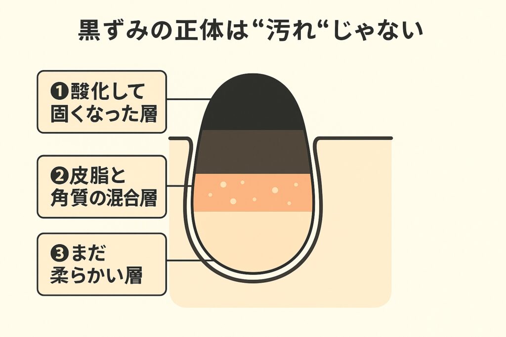 黒ずみ角栓の層構造を示す図解。上から「①酸化して固くなった層」「②皮脂と角質の混合層」「③まだ柔らかい層」と表示され、黒ずみは汚れではなく多層の構造体であることを説明している。