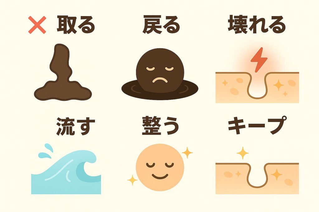 「毛穴ケアの3ステップ対比図。上段は『取る→戻る→壊れる』の流れを赤いバツ印と炎症イラストで表現。下段は『流す→整う→キープ』の流れを水の波、笑顔マーク、きれいな毛穴で表現し、緑のチェックマークで正しいケアを示している。」