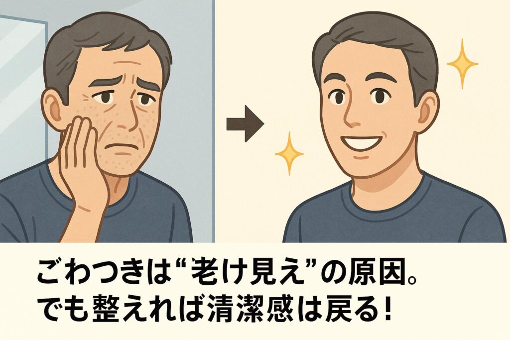 「二分割のイラスト。左側は50代男性が鏡を見ながら肌のごわつきに悩む表情。右側は同じ男性が肌がなめらかになり、清潔感のある若々しい笑顔を見せている。下部に『ごわつきは“老け見え”の原因。でも整えれば清潔感は戻る!』と書かれている。」