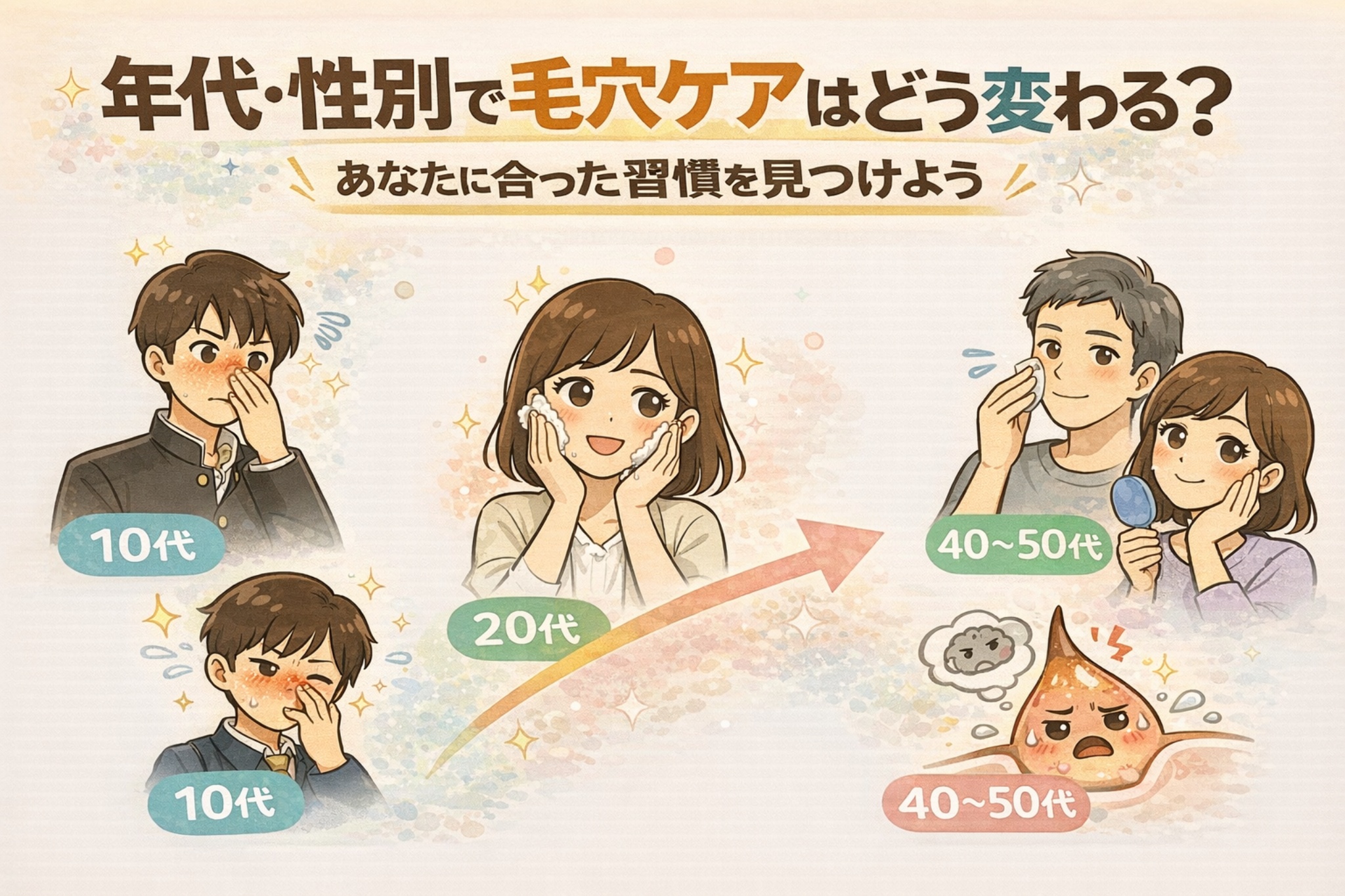 年代・性別によって毛穴ケアの考え方がどう変わるかを示したイラスト。10代、20代、40〜50代の男女が描かれ、それぞれの年齢層に合った毛穴ケア習慣の違いを、表情やスキンケア行動、擬人化された皮脂キャラクターで分かりやすく表現している。