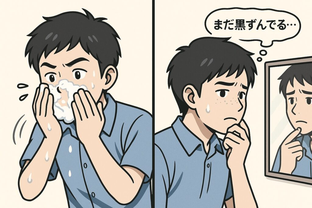泡立てた洗顔フォームで一生懸命顔を洗う男子高校生と、鏡を見て「まだ黒ずんでる…」と落ち込む表情をする男子高校生を描いた2コマのイラスト。鼻の黒ずみケアへの悩みを表現している。