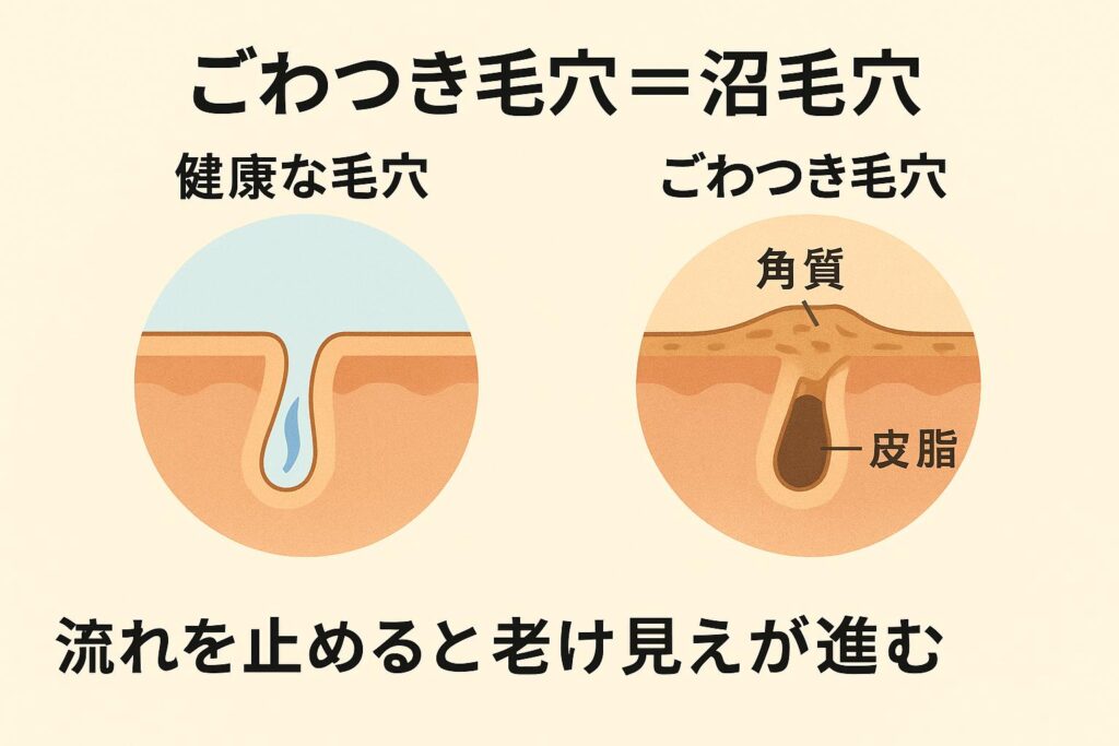 「2種類の毛穴断面図を比較したイラスト。左は“健康な毛穴”で皮脂がスムーズに流れている様子。右は“ごわつき毛穴”で角質が出口を塞ぎ、皮脂が詰まって沼のように停滞している。下部に『ごわつき毛穴=沼毛穴。流れを止めると老け見えが進む』と書かれている。」